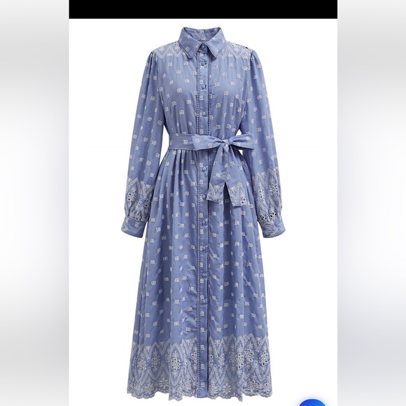 TIE-WAIST EYELET EMBROIDERED COTTON SHIRT DRESS IN BLUE - Picture 4 of 12